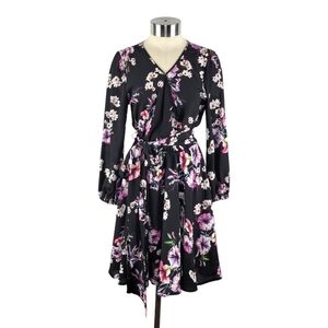 Meghan Los Angeles Black Floral Surplice Fit & Flare Midi Dress Women's Size S